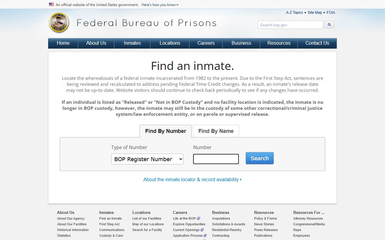 Federal Bureau of Prisons inmate locator used for Mercer County federal cases