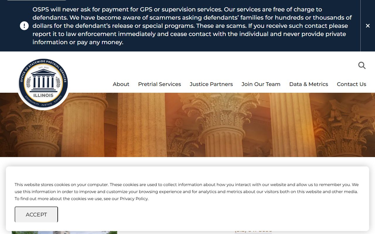 Illinois OSPS Mercer County pretrial services page with scam warning after an arrest
