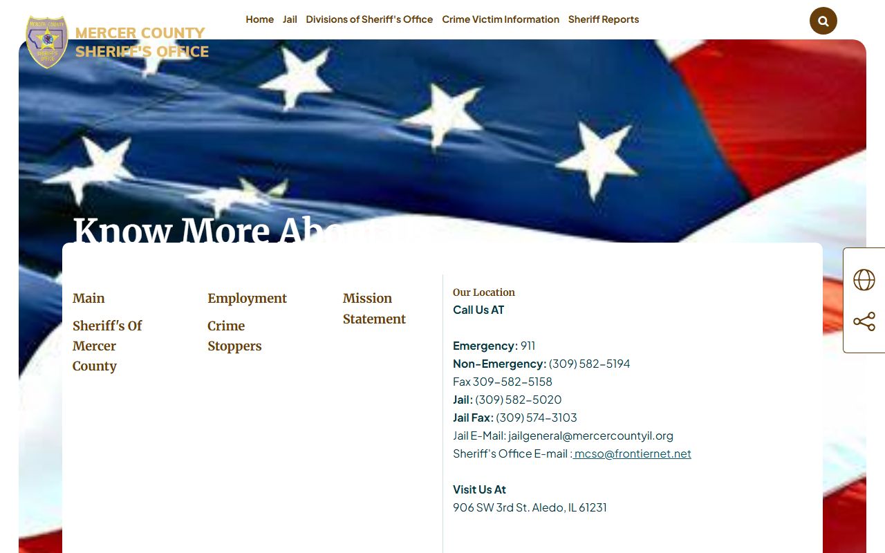 Mercer County Sheriff homepage with contacts used to request jail mugshots and booking records