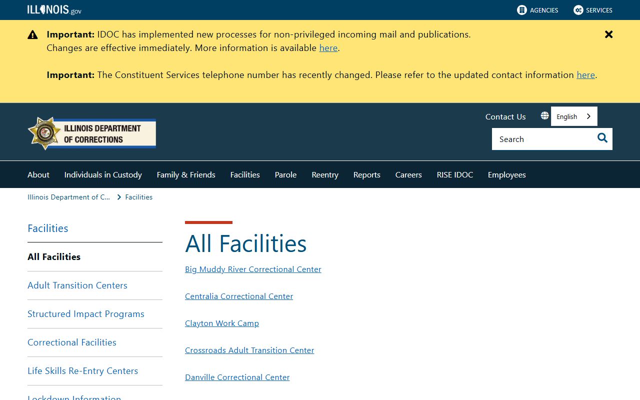 Illinois IDOC all-facilities list showing no state prison in Mercer County