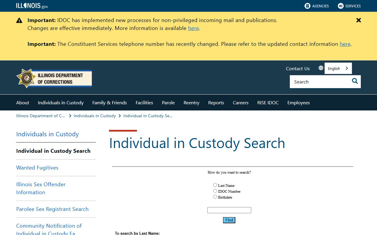 Illinois IDOC Individual in Custody Search page for sentenced Mercer County inmates
