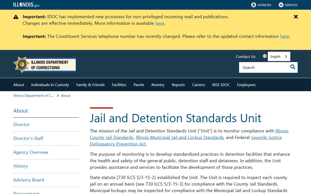 Illinois IDOC Jail and Detention Standards Unit page governing the Mercer County inmate population